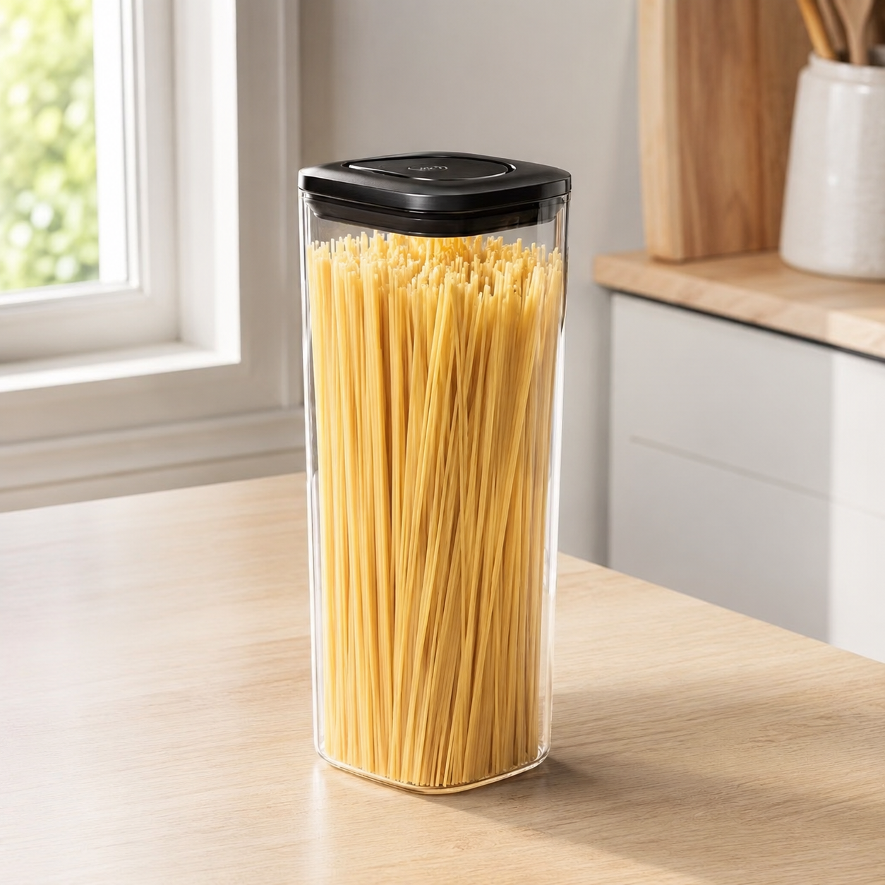 Tall Push Top Pantry Container 2L with black lid in a kitchen