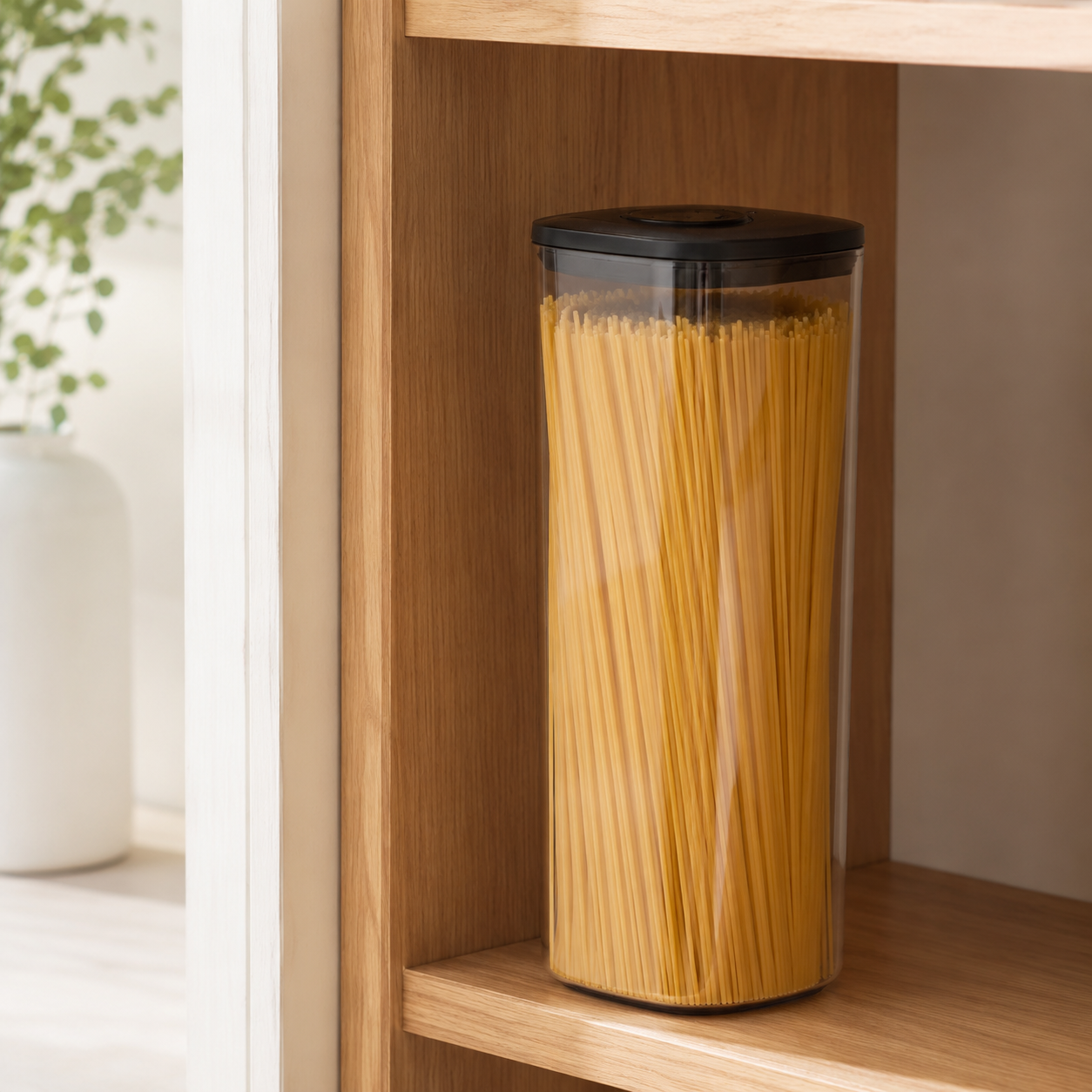Push Top Pantry Container 2L with black lid on a pantry shelf