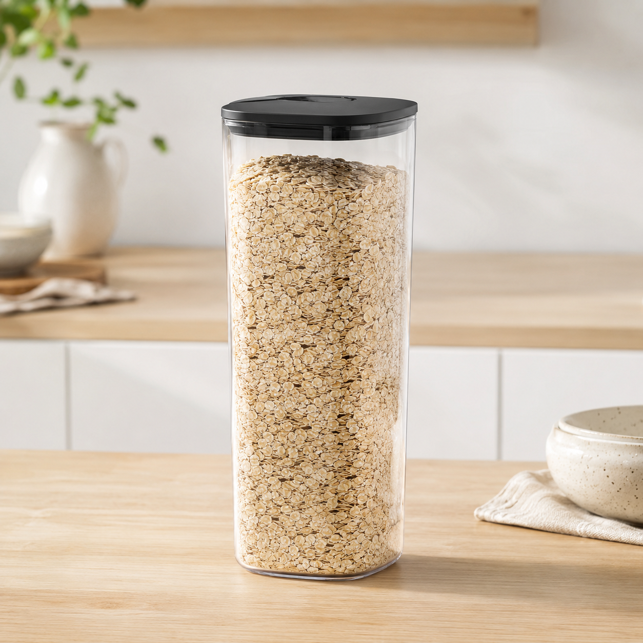 Push Top Pantry Container 3L with black lid storing oats