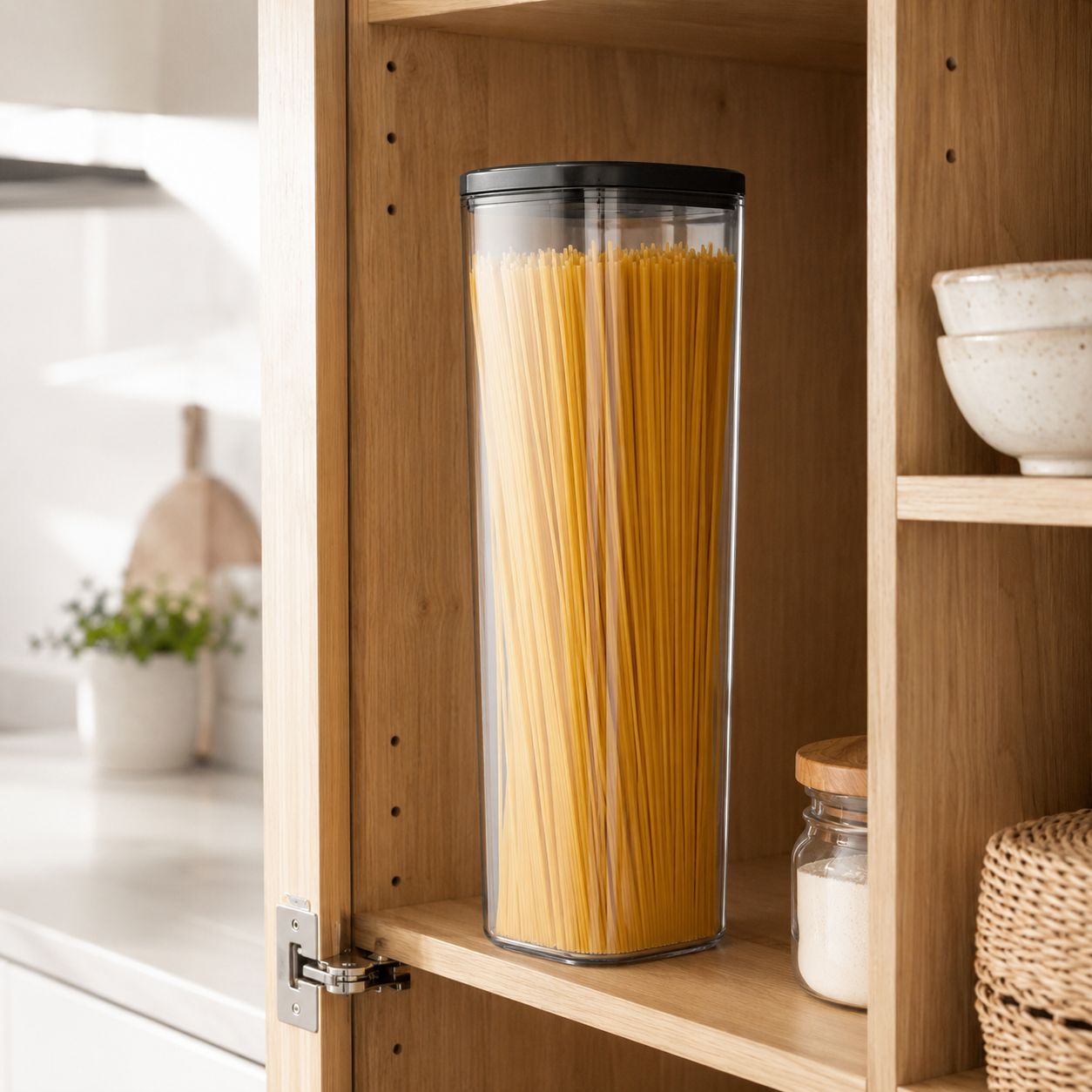 Push Top Pantry Container 3L with black lid storing spaghetti in a pantry