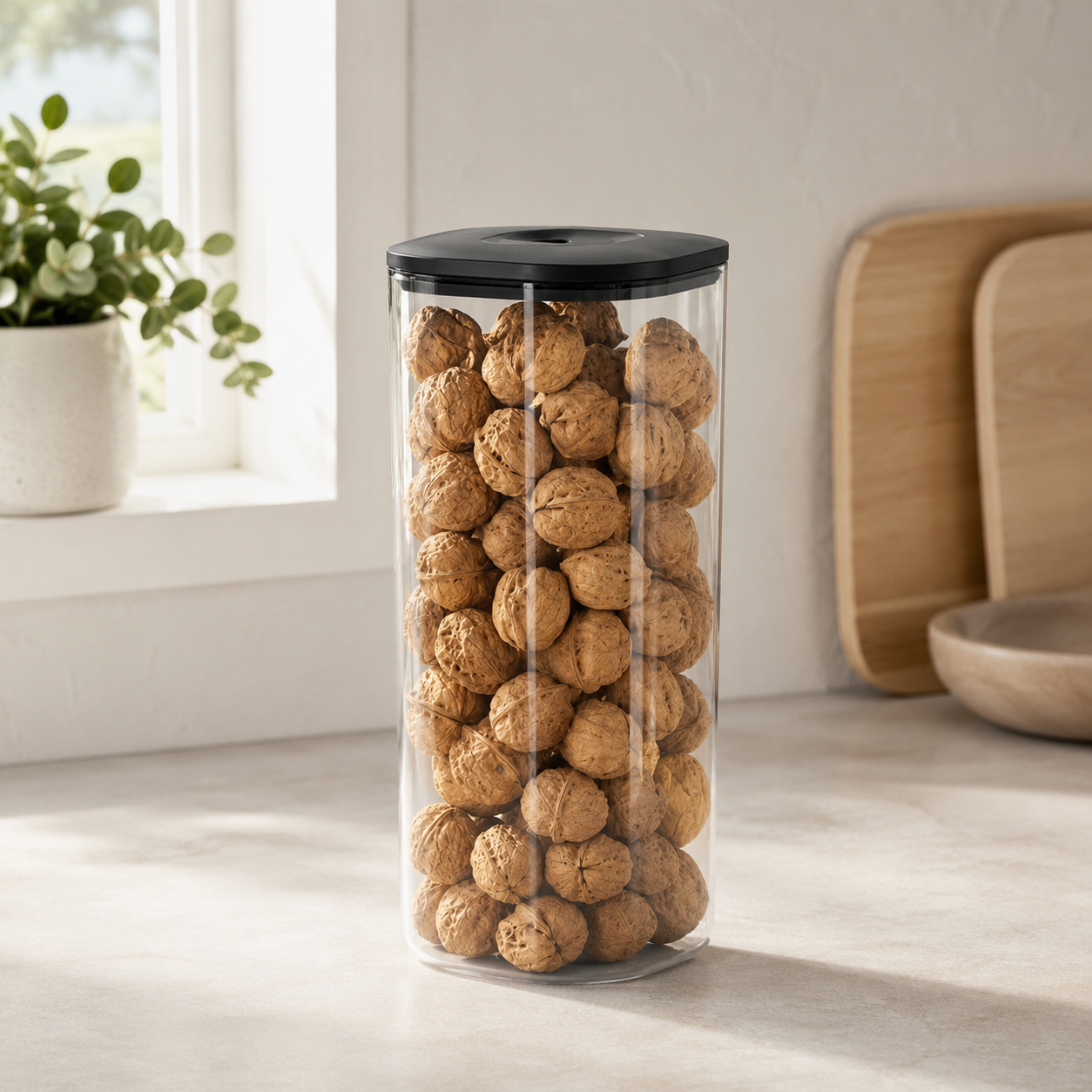 Push Top Pantry Container 3L with black lid storing walnuts