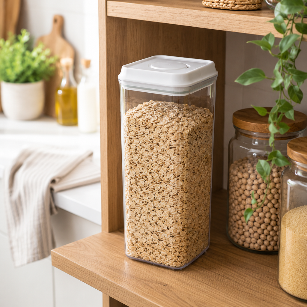 Clear 3L push top pantry container with a white lid filled with oats on a wooden shelf