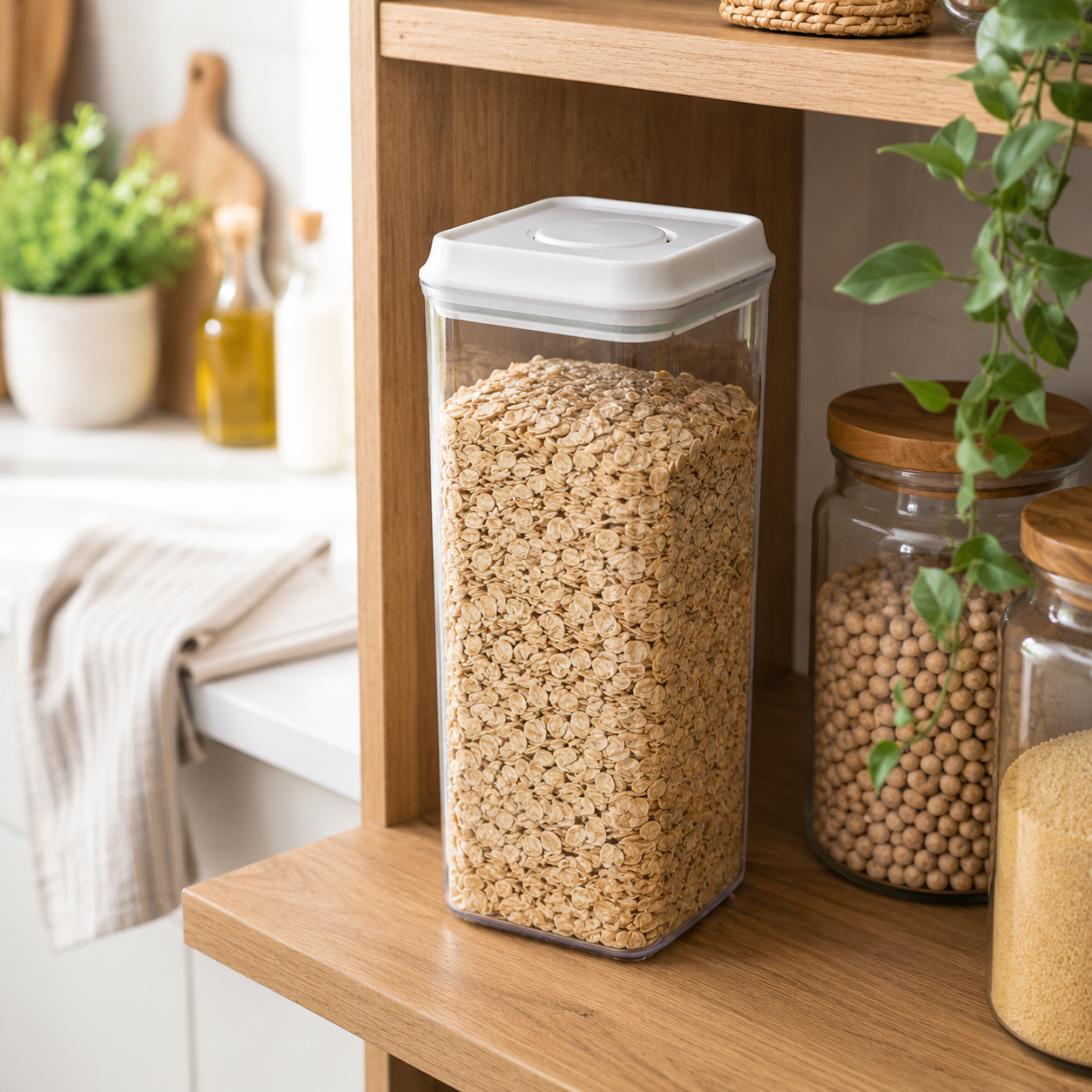 Clear 3L push top pantry container with a white lid filled with oats on a wooden shelf