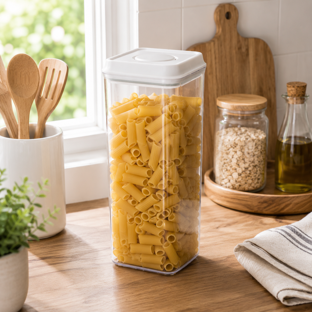 Clear 3L push top pantry container with a white lid storing pasta