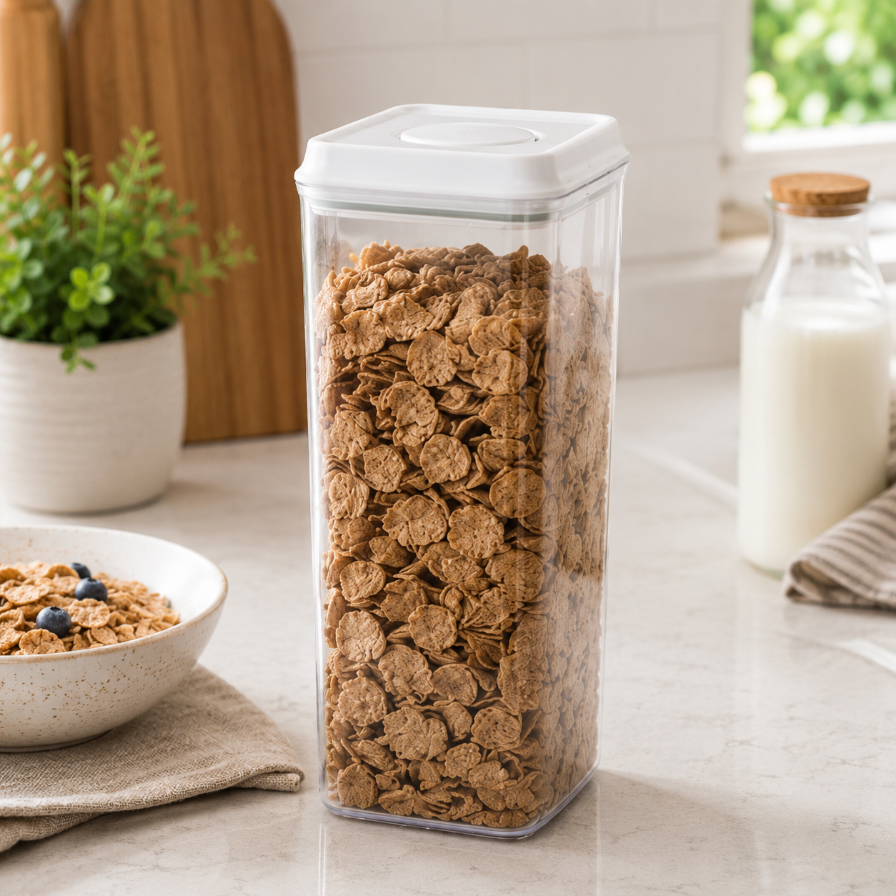 Clear 3L push top pantry container with a white lid filled with cereal