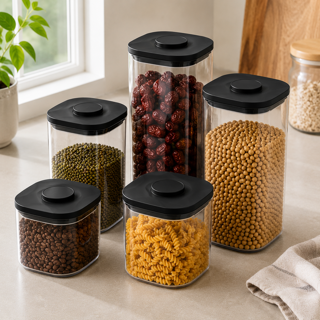 Five clear push top pantry containers with black lids displayed on a kitchen worktop