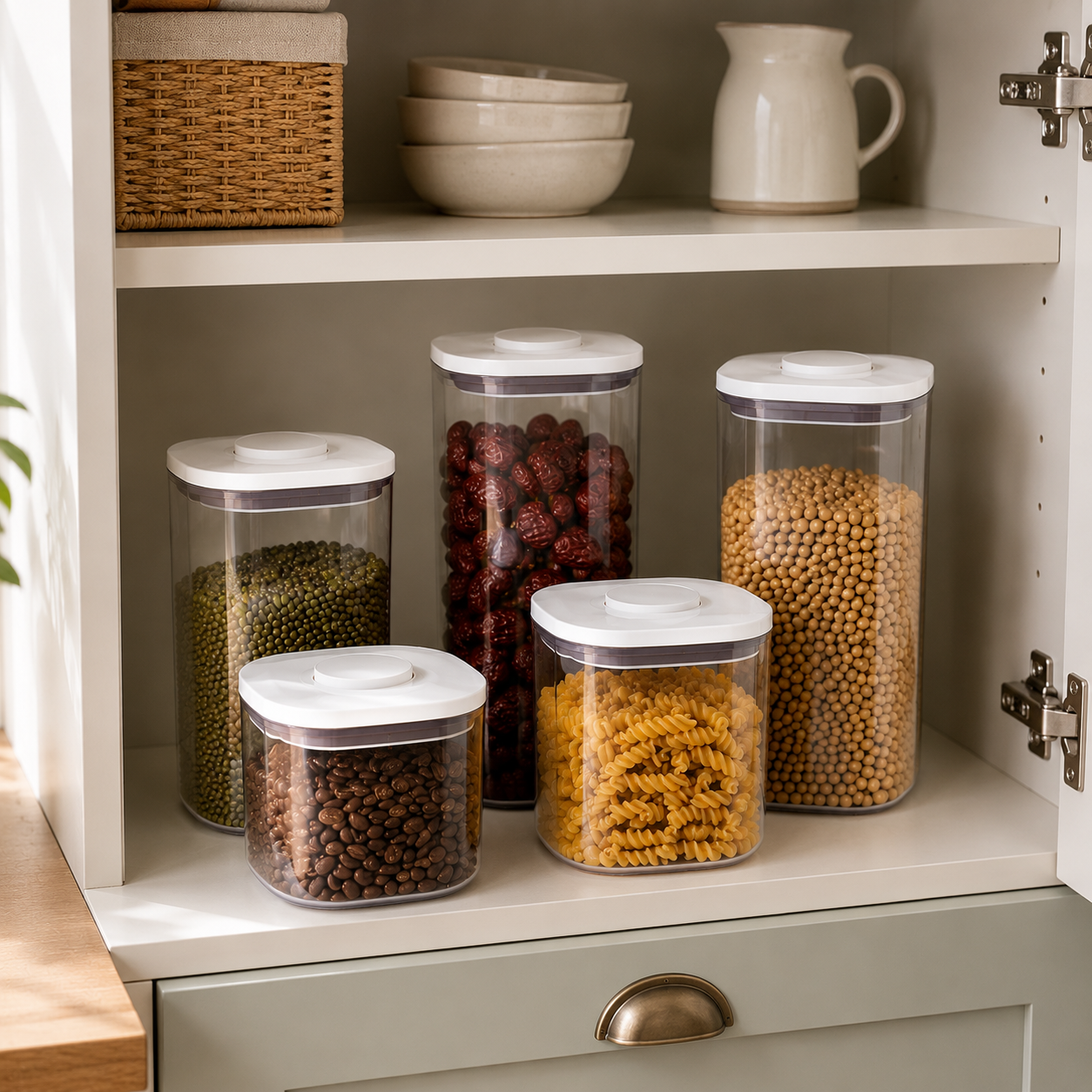 Five clear push top pantry containers with white lids arranged in a kitchen cupboard