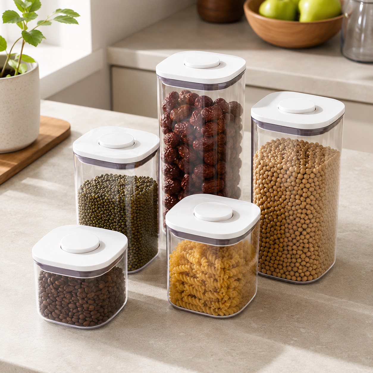 Five clear push top pantry containers with white lids displayed on a kitchen worktop