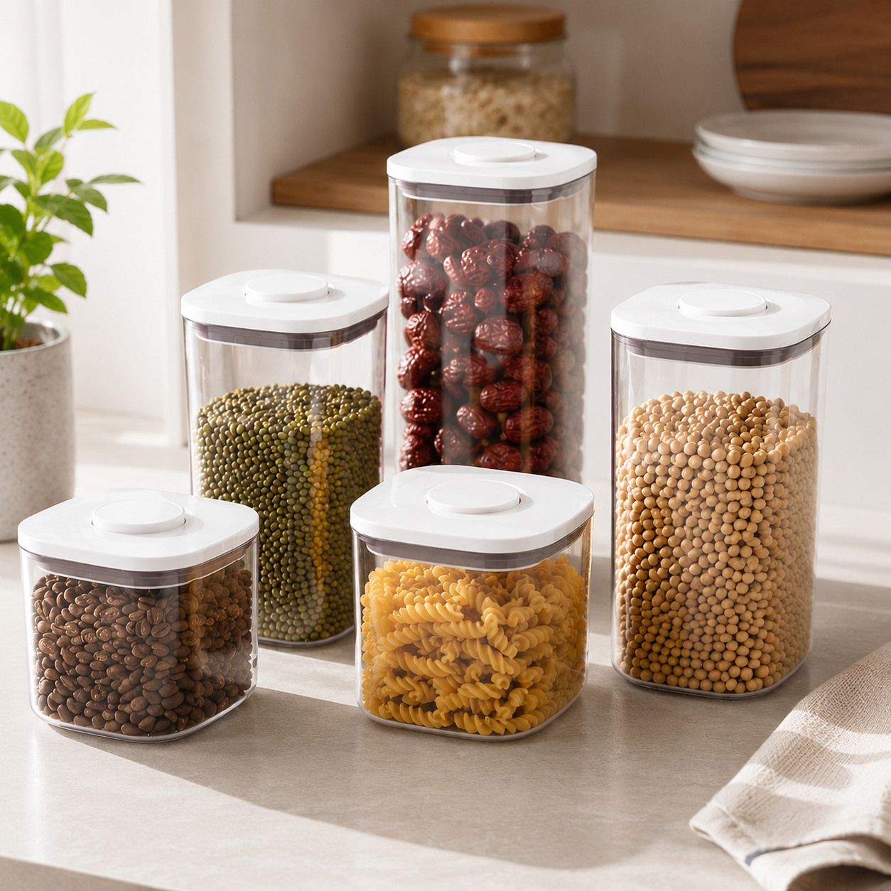 Five square push top pantry containers with white lids filled with dry foods