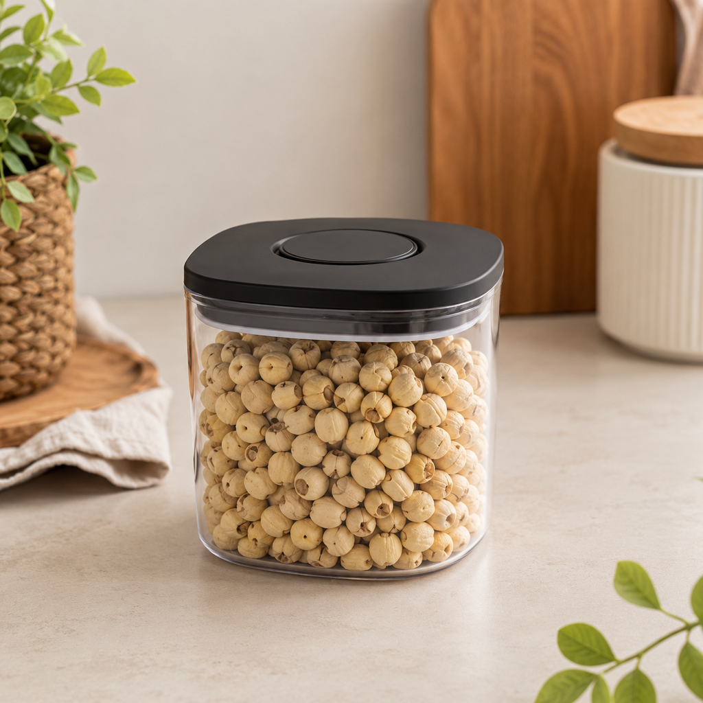 Compact black lid push top pantry container styled in a neutral kitchen