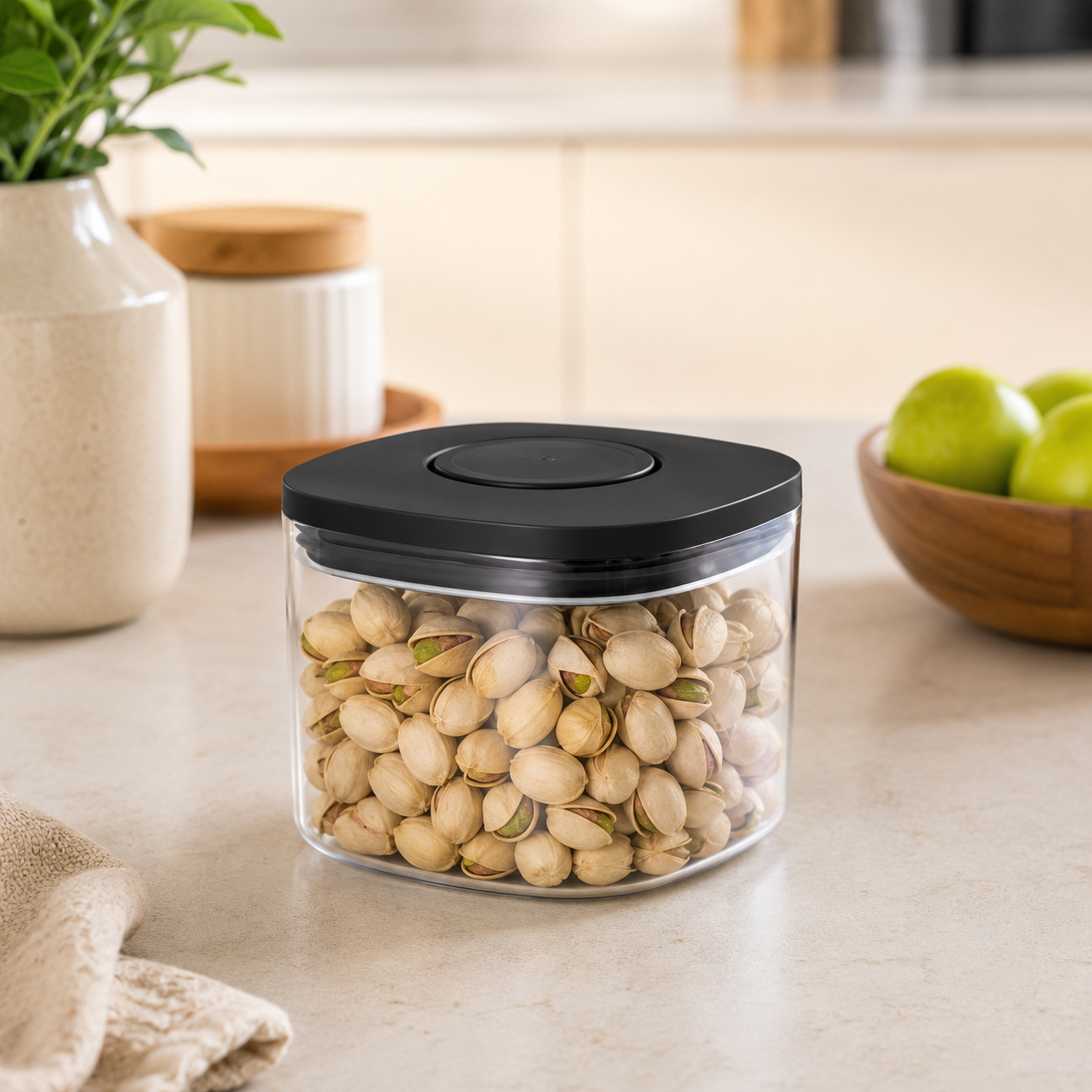 500ml push top pantry container with black lid filled with pistachios