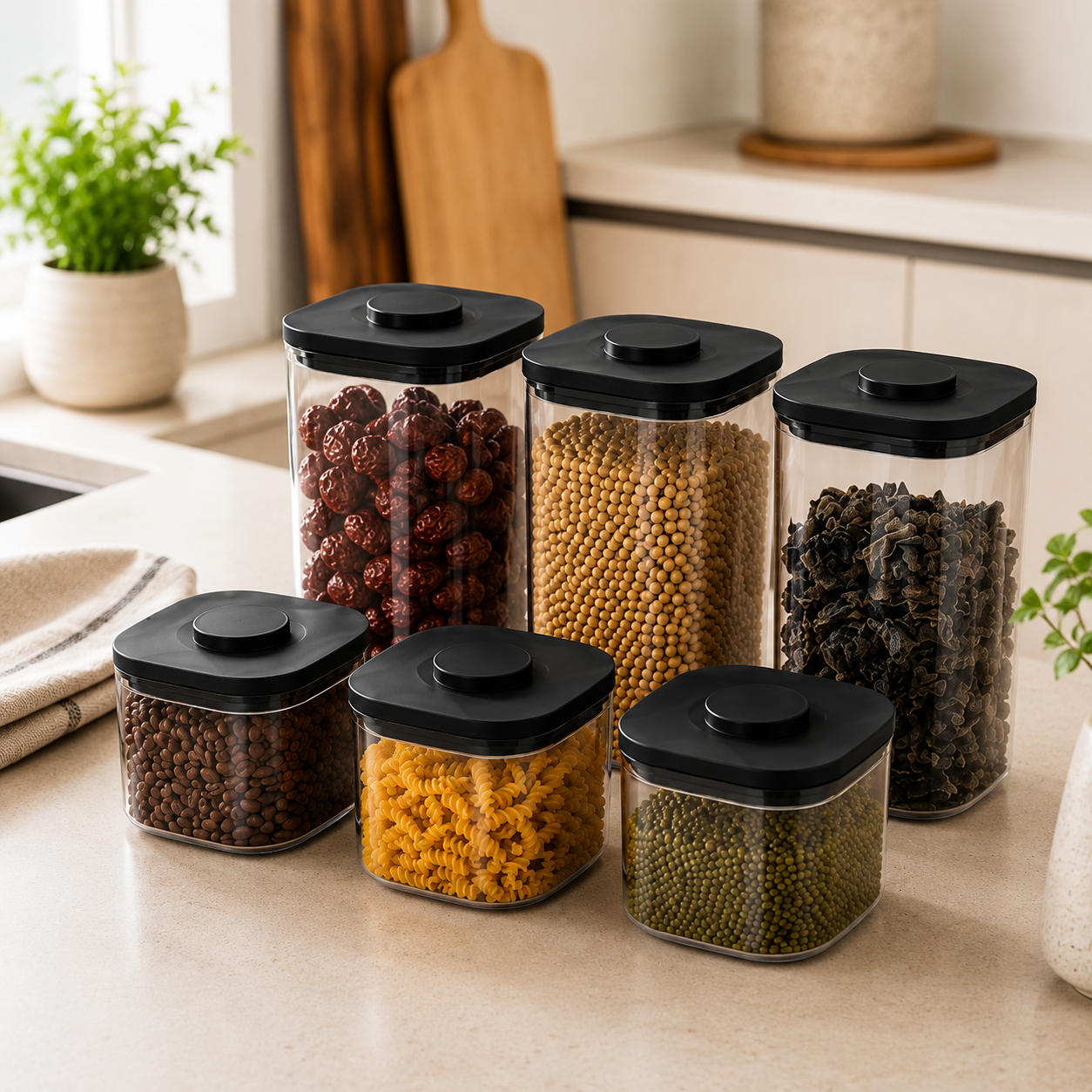 Clear push top pantry containers with black lids arranged on a kitchen counter