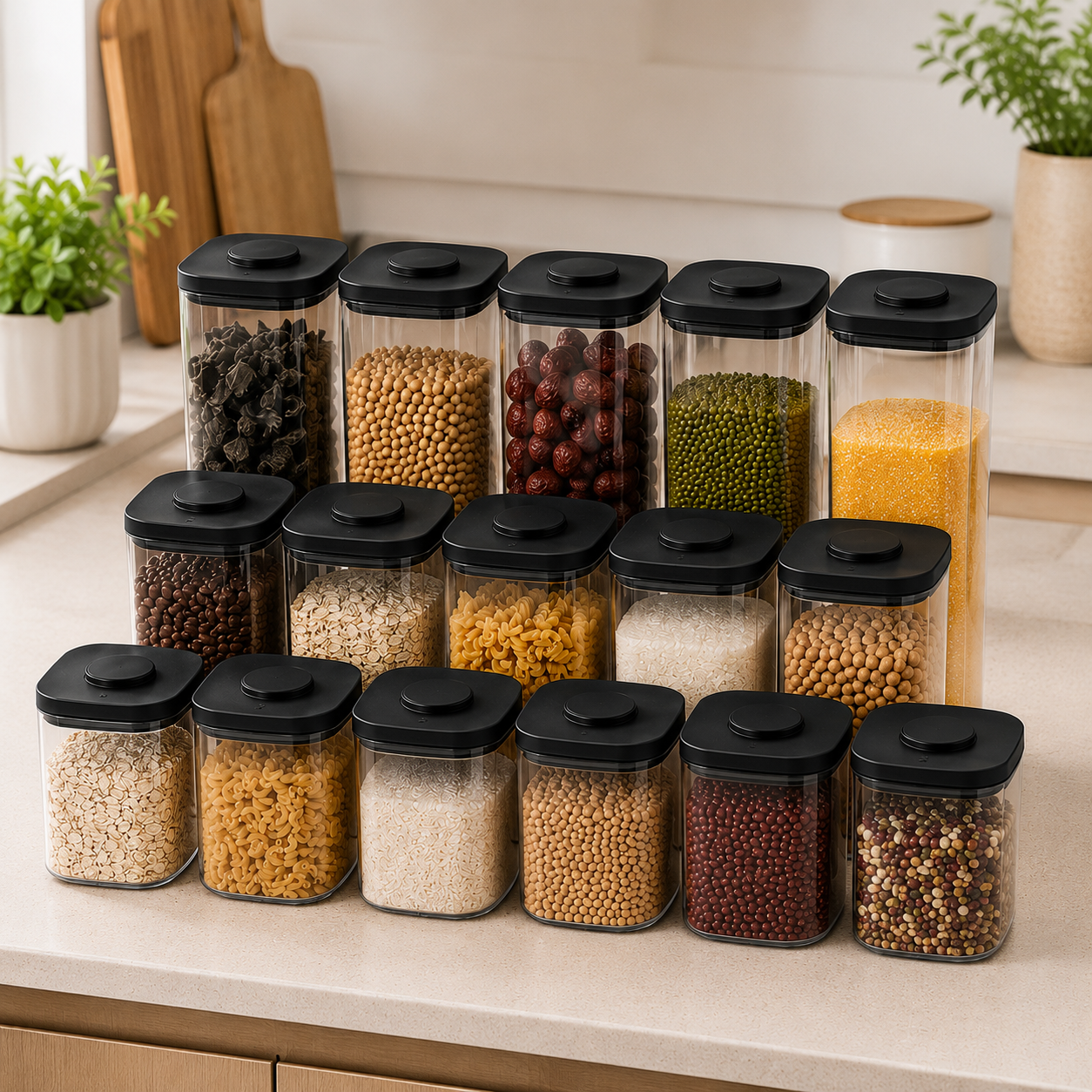 Clear push top pantry containers with black lids arranged in a kitchen