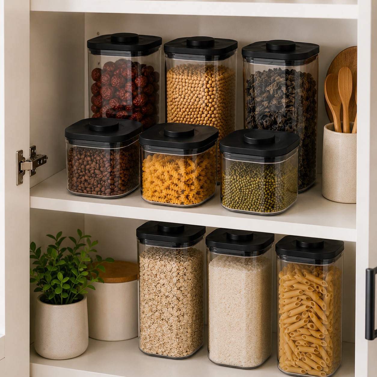Black-lid push top pantry containers organised on cupboard shelves