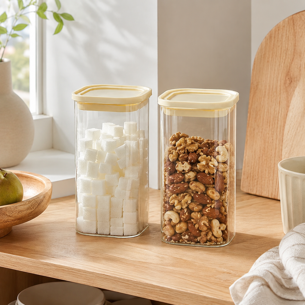 Rectangle Glass Pantry Storage Jars 1.5L - Cream - 2 Set