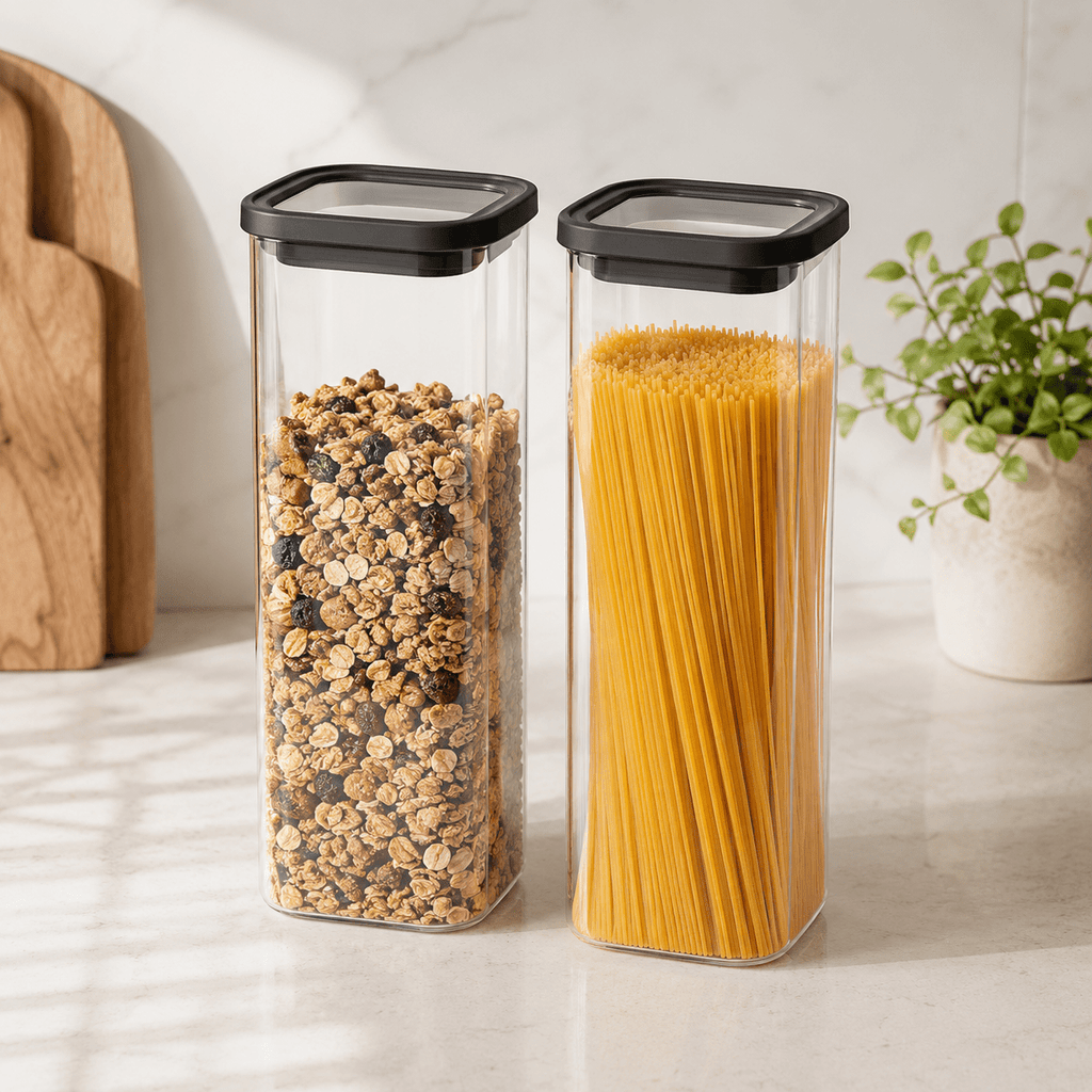 Rectangle Glass Pantry Storage Jars 1L - Black - 2 Set
