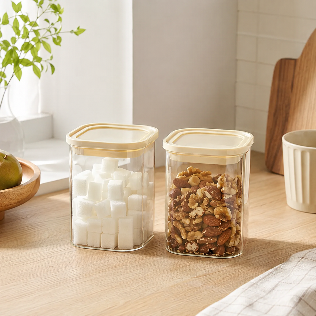 Rectangle Glass Pantry Storage Jars 1L - Cream - 2 Set