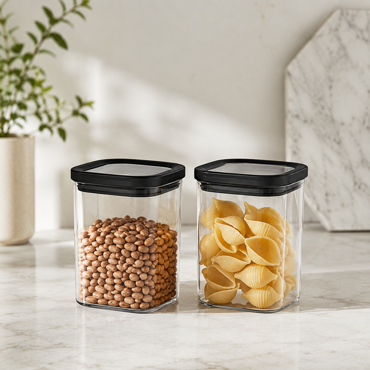 Rectangle Glass Pantry Storage Jars 700ml - Black - 2 Set