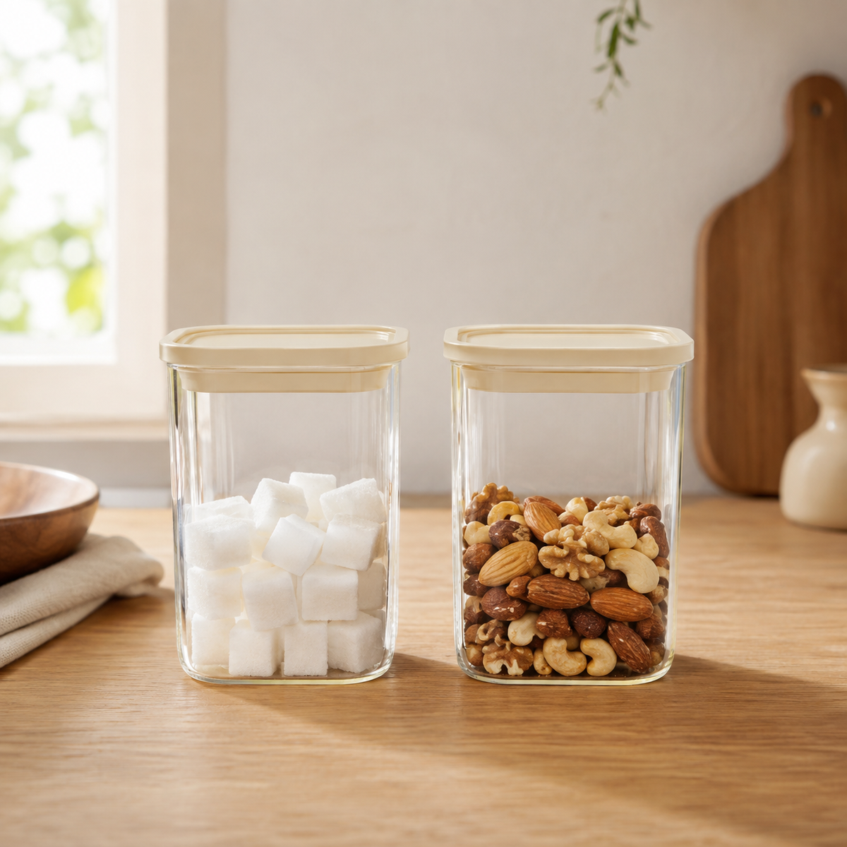 Rectangle Glass Pantry Storage Jars 700ml - Cream - 2 Set