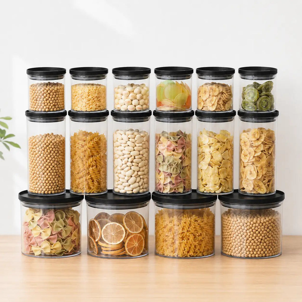 Rectangle Glass Pantry Storage Jars - Black - 18 Set