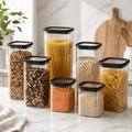 Rectangle Glass Pantry Storage Jars - Black - 7 Set