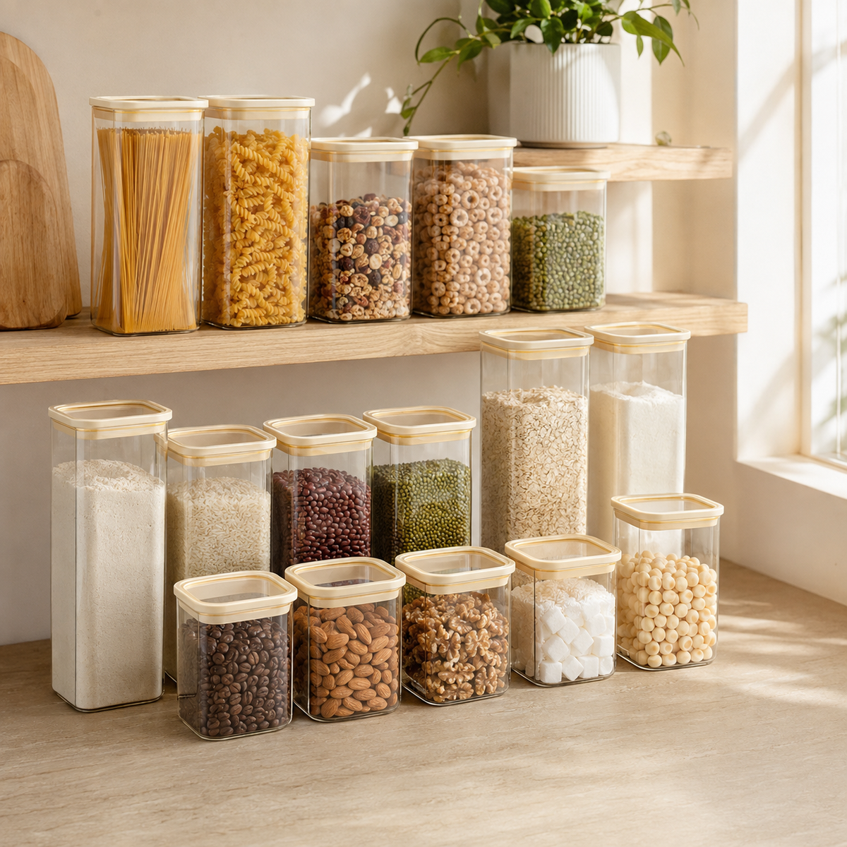 Rectangle Glass Pantry Storage Jars - Cream - 18 Set