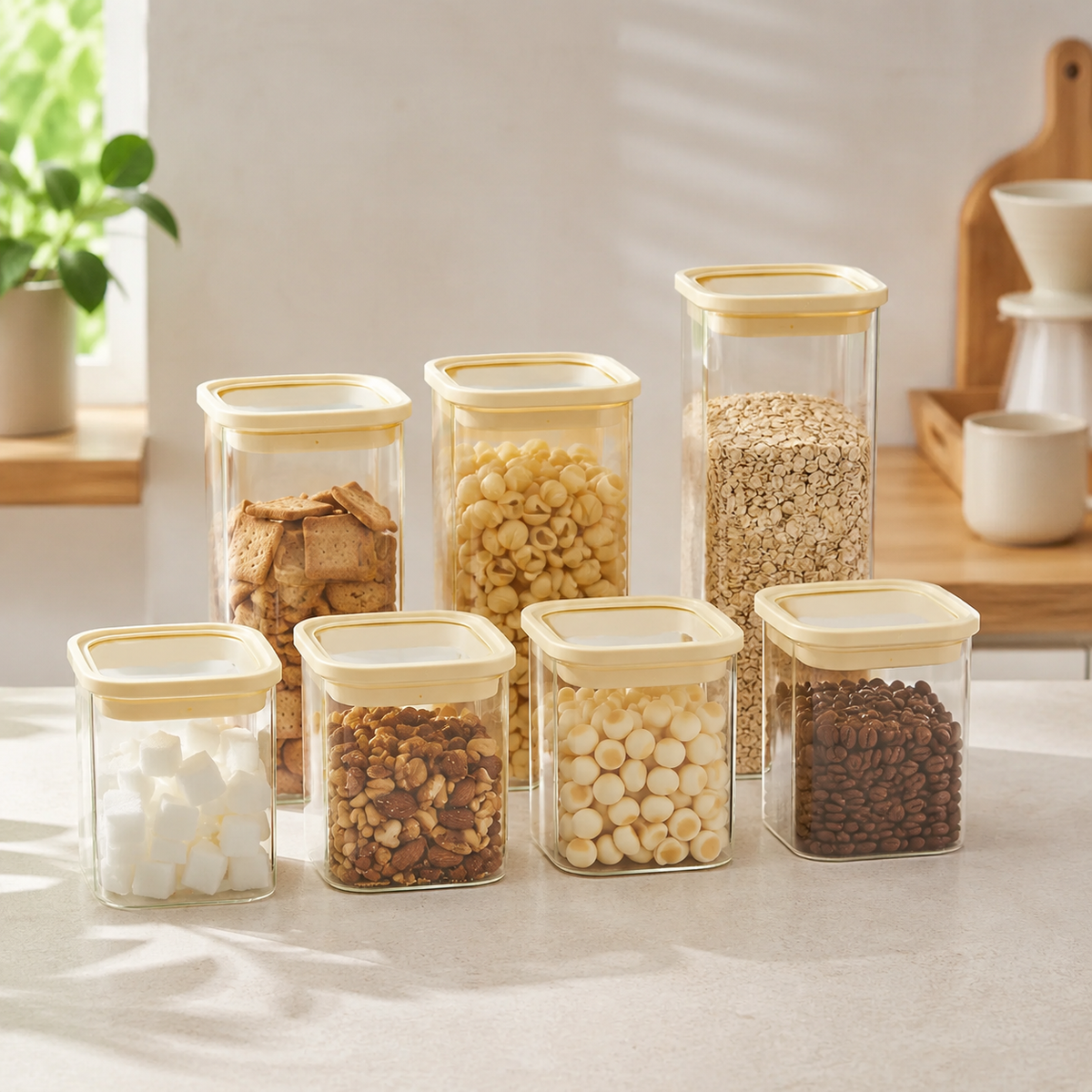 Rectangle Glass Pantry Storage Jars - Cream - 7 Set