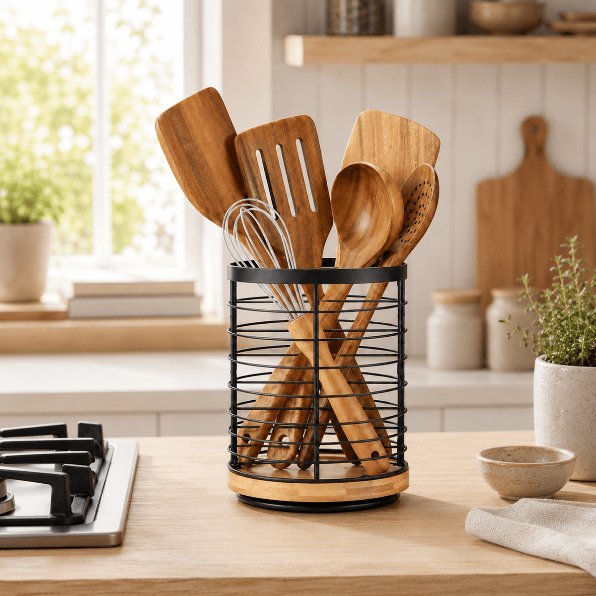 Rotating Utensil Holder with Wooden Base – view 2