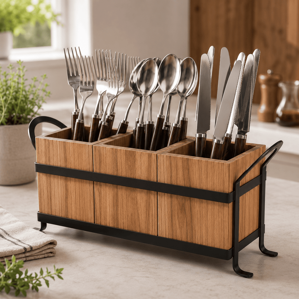 Rustic Wooden Utensil Holder - 3 Section – view 3
