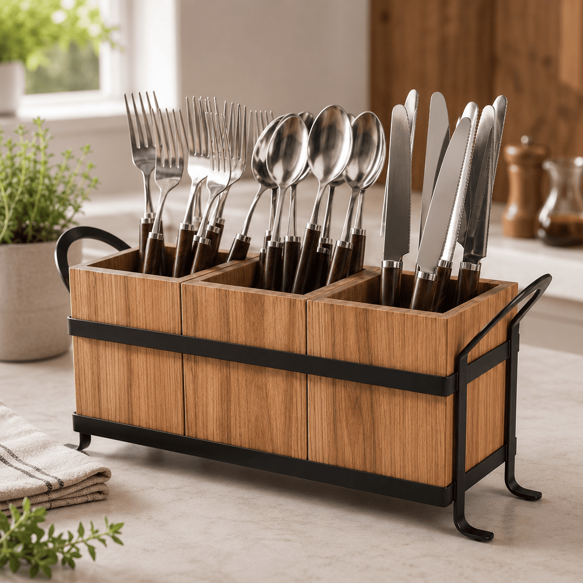 Rustic Wooden Utensil Holder - 3 Section – view 3