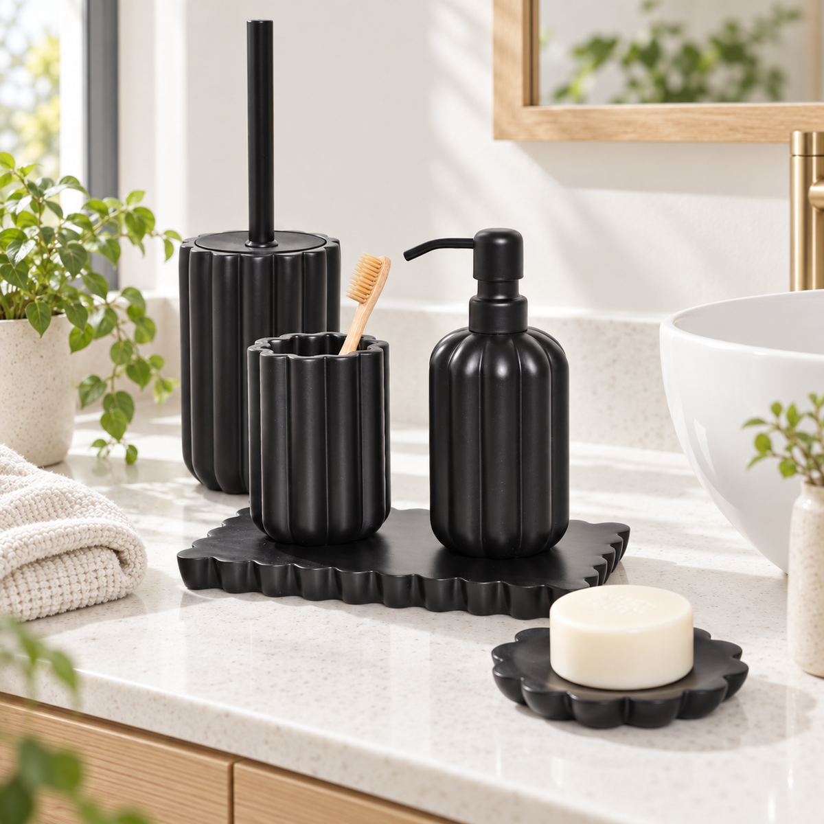 Serenity 5pc Bathroom Set - Black arranged in a bright premium home setting