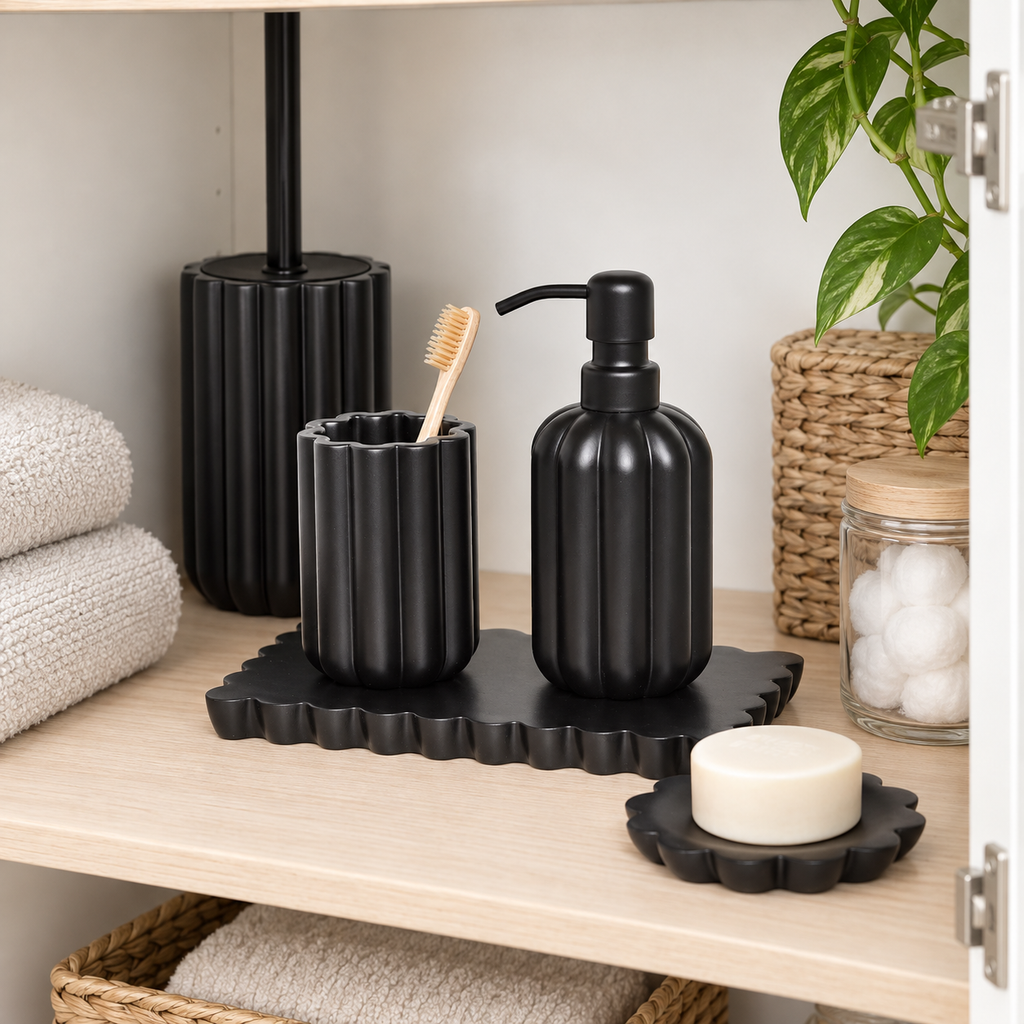 Serenity 5pc Bathroom Set - Black shown in practical organised storage