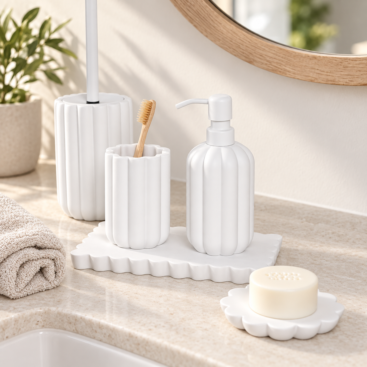 Serenity 5pc Bathroom Set - White arranged in a bright premium home setting