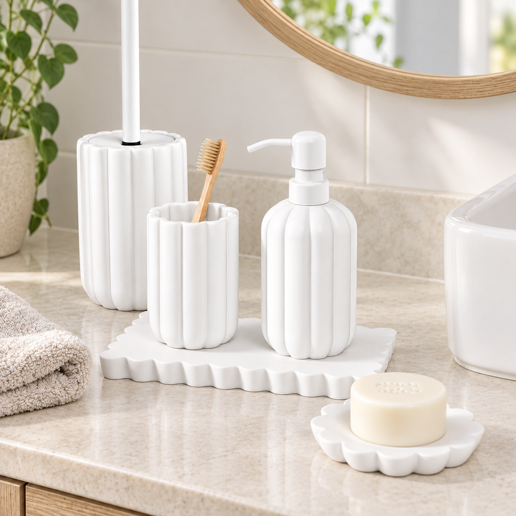 Serenity 5pc Bathroom Set - White shown in practical organised storage