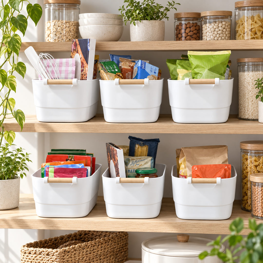 Six medium white wooden-handle storage tubs on Scandinavian pantry shelves