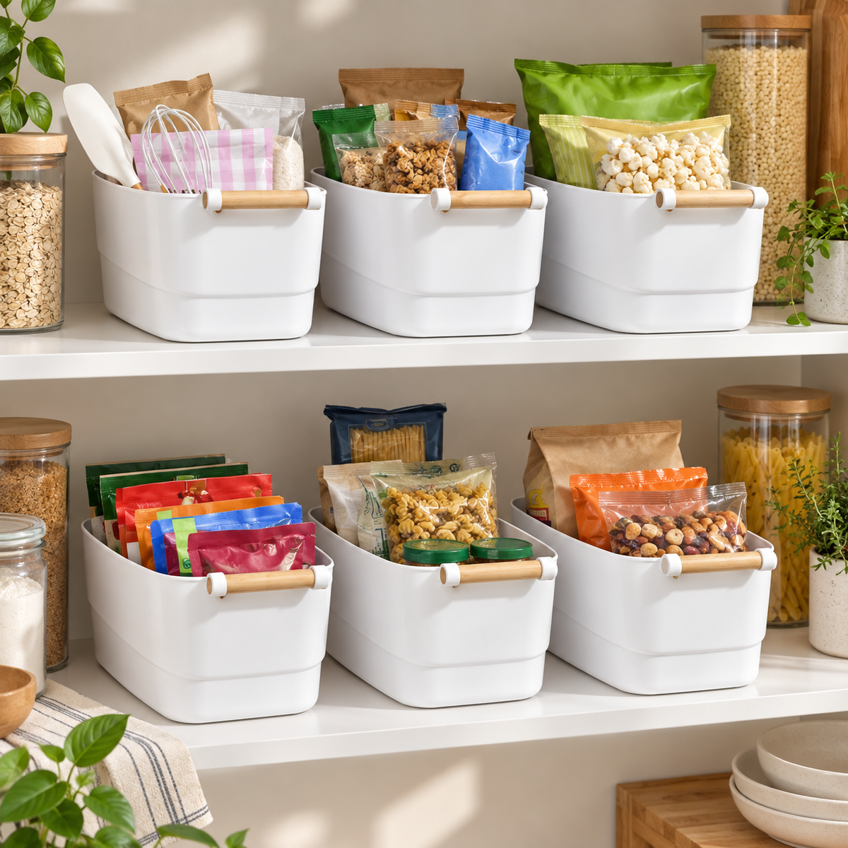 Six medium white storage tubs with wooden handles organised in a pantry