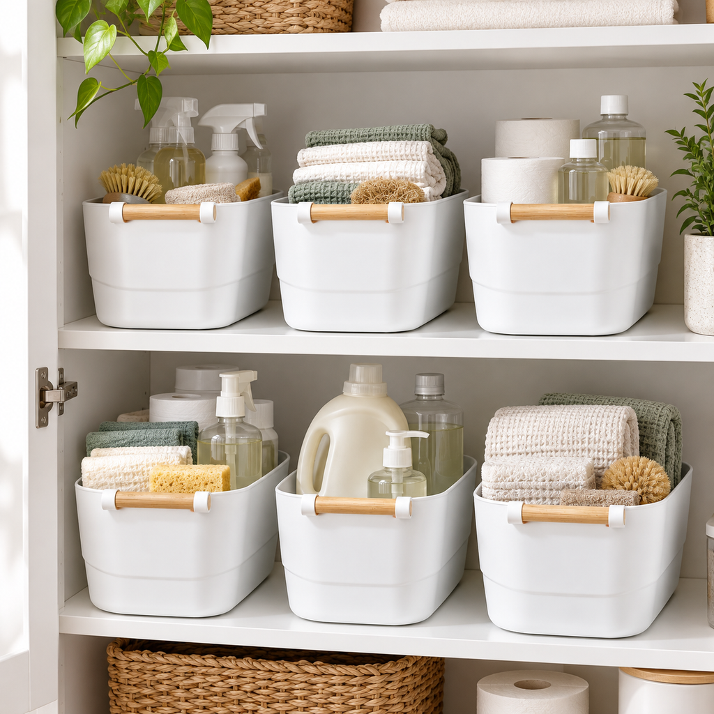 Six medium white storage tubs with wooden handles in a utility cupboard