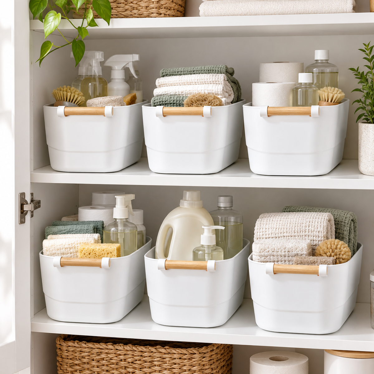 Six medium white storage tubs with wooden handles in a utility cupboard