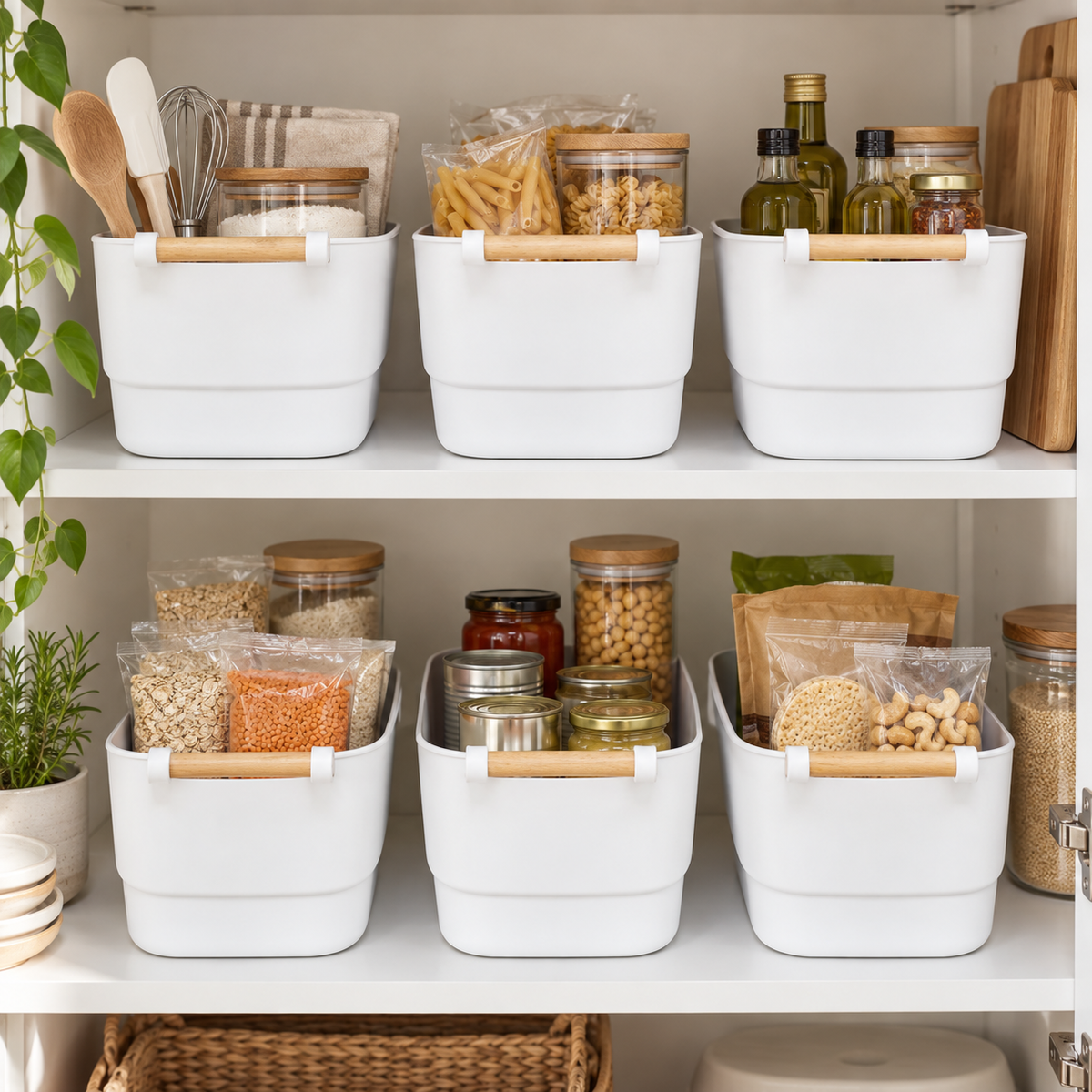Six mixed-size white storage tubs with wooden handles in a cupboard