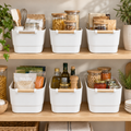 Storage Tub with Wooden Handle 6 Set Mixed arranged on pantry shelves