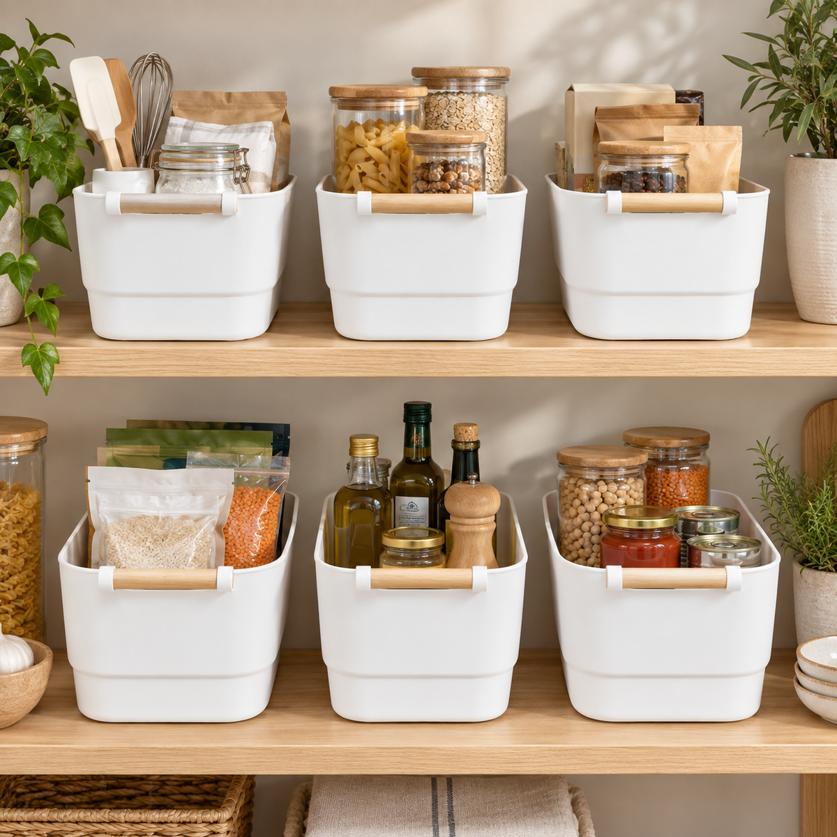 Storage Tub with Wooden Handle 6 Set Mixed arranged on pantry shelves