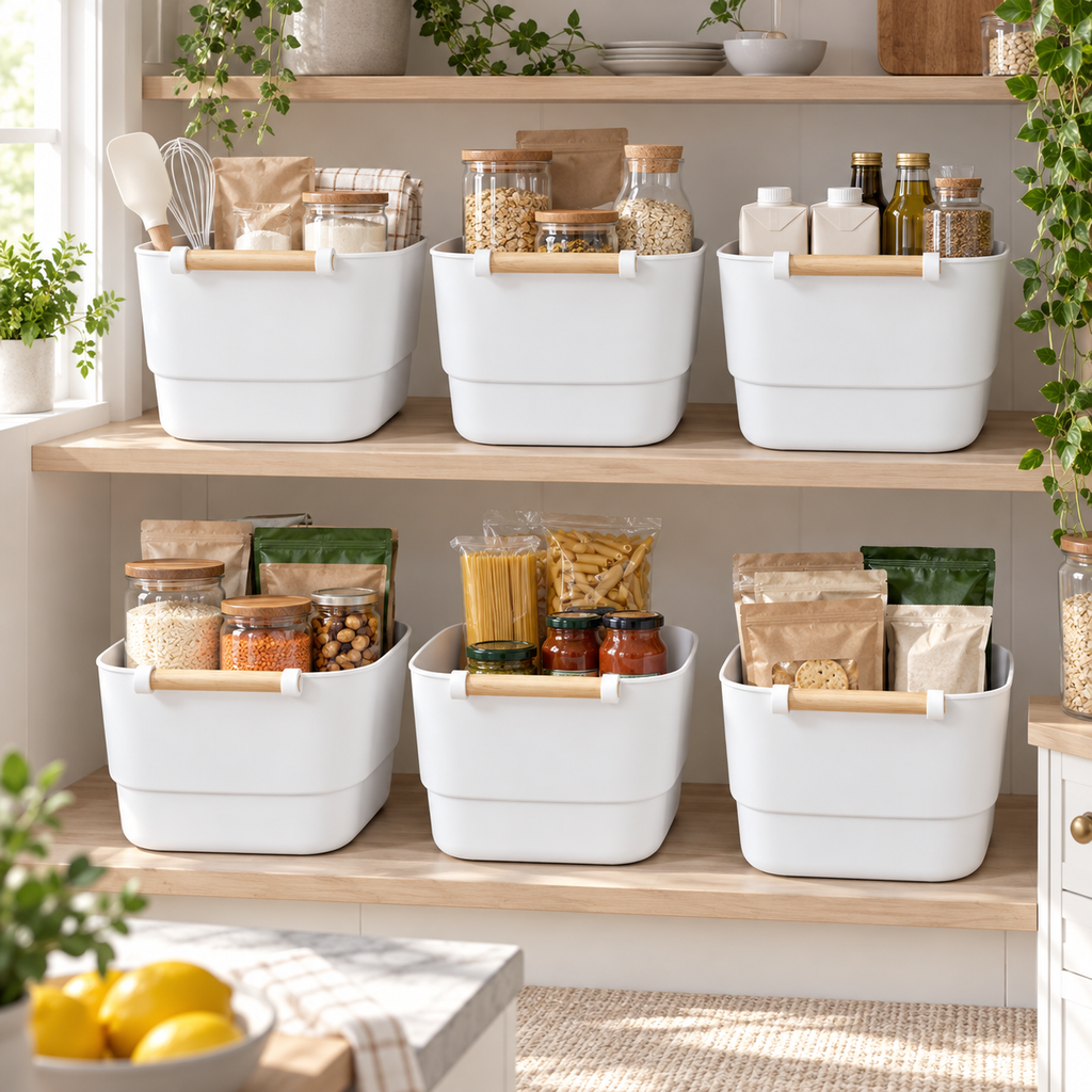 Storage Tub with Wooden Handle 6 Set Mixed in a bright pantry