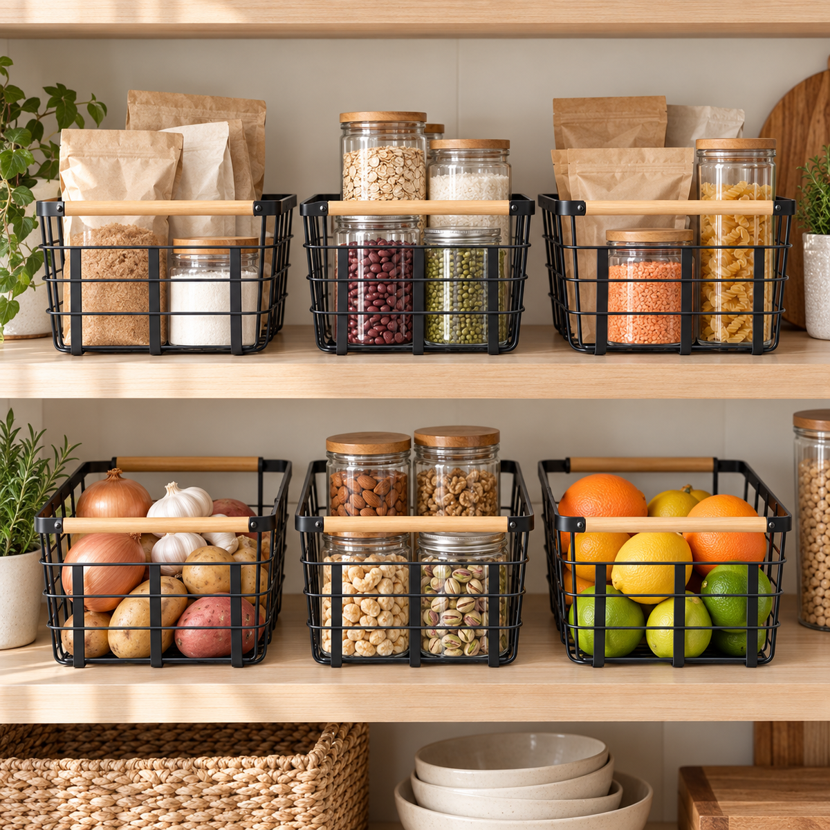 Metal Storage Basket - 6 Set Black arranged in a bright premium home setting