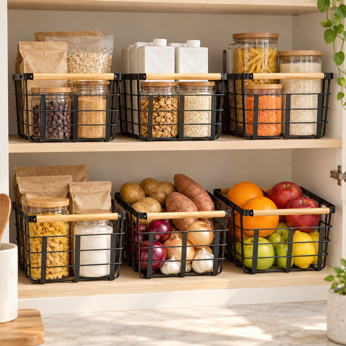 Metal Storage Basket - 6 Set Black shown in practical organised storage