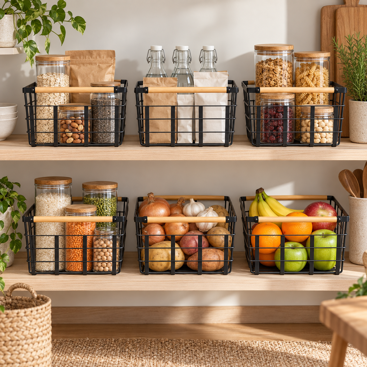 Metal Storage Basket - 6 Set Black in a Scandinavian lifestyle setting