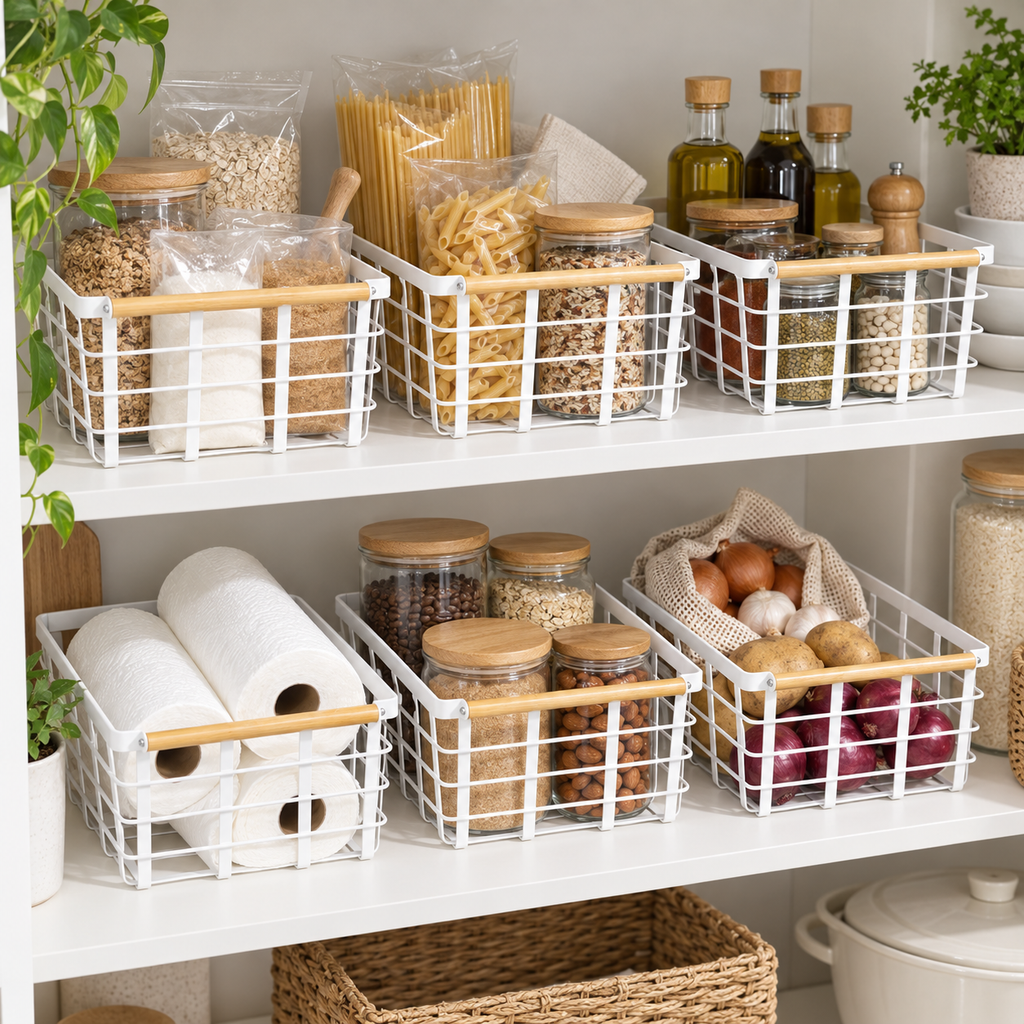 Metal Storage Basket - 6 Set White arranged neatly on storage shelving