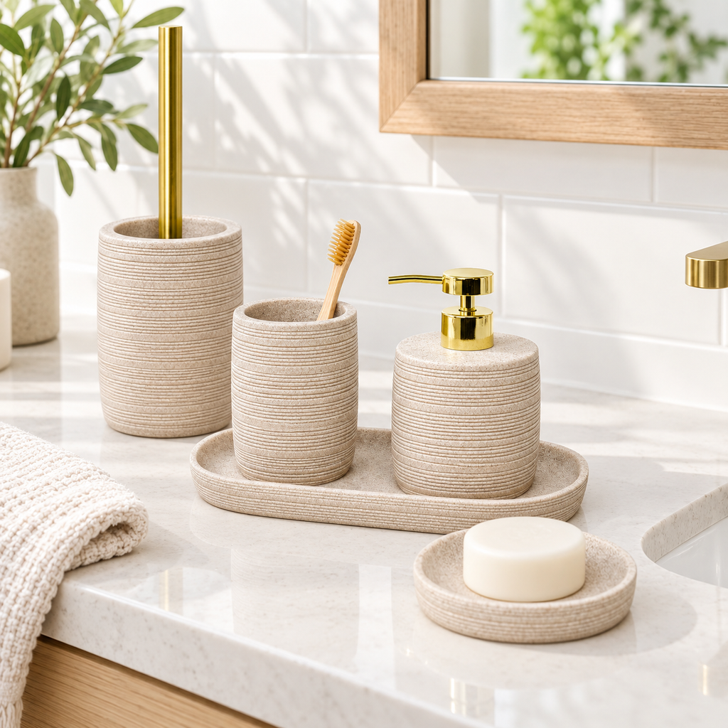 Zen 5pc Bathroom Set - Beige arranged in a bright premium home setting