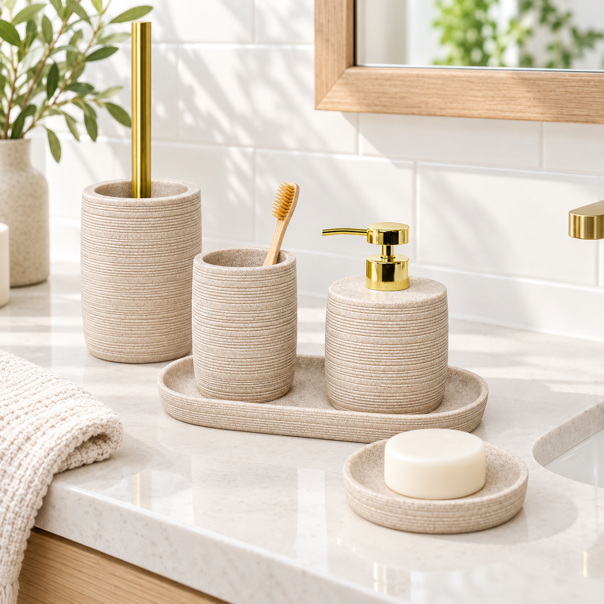 Zen 5pc Bathroom Set - Beige arranged in a bright premium home setting