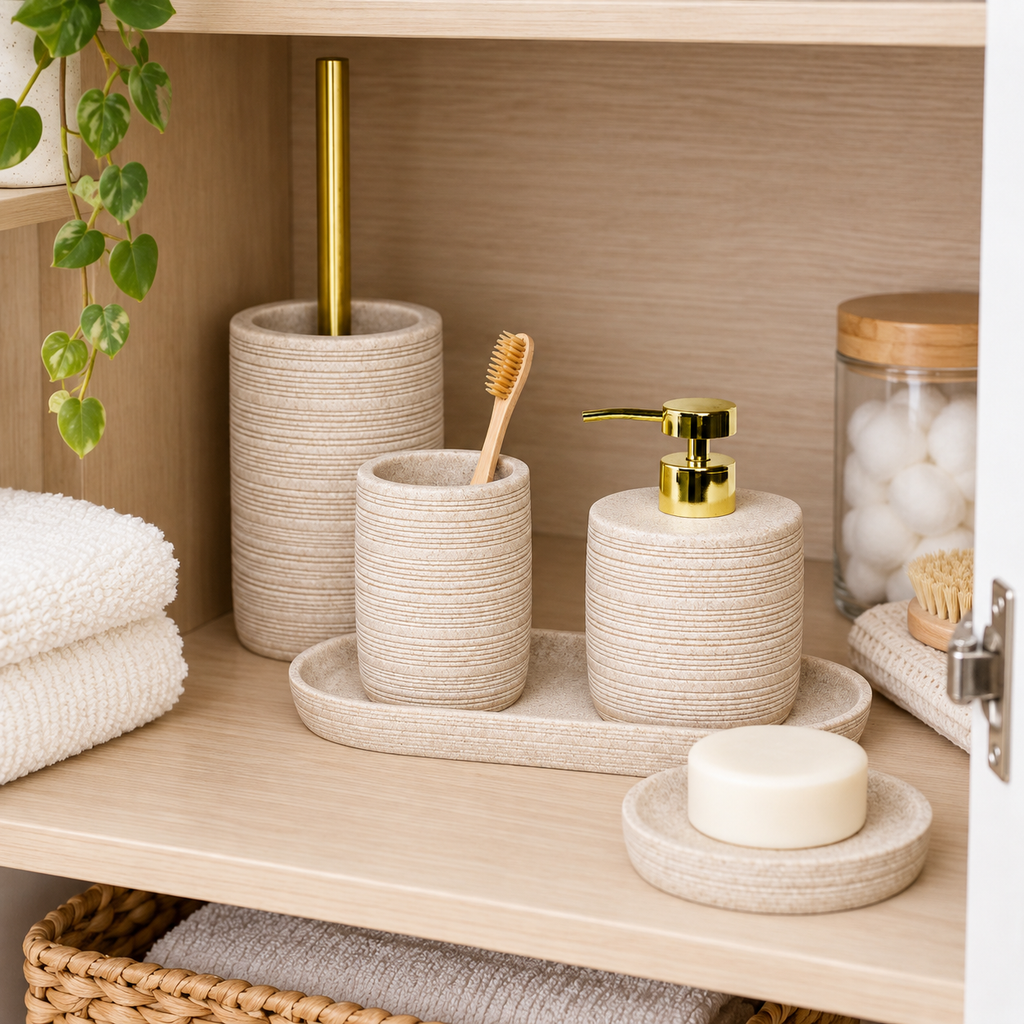 Zen 5pc Bathroom Set - Beige shown in practical organised storage