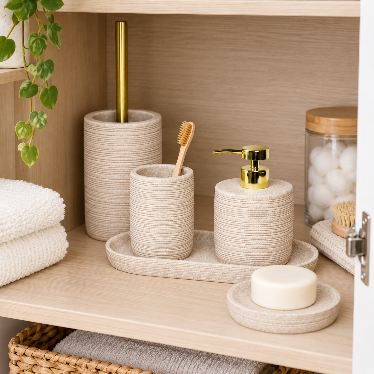 Zen 5pc Bathroom Set - Beige shown in practical organised storage